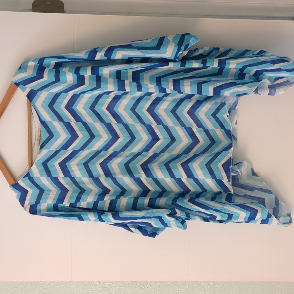 Chevron Patterned Blue & White Mediterranean Linen Vacation Beach Lagenlook Top